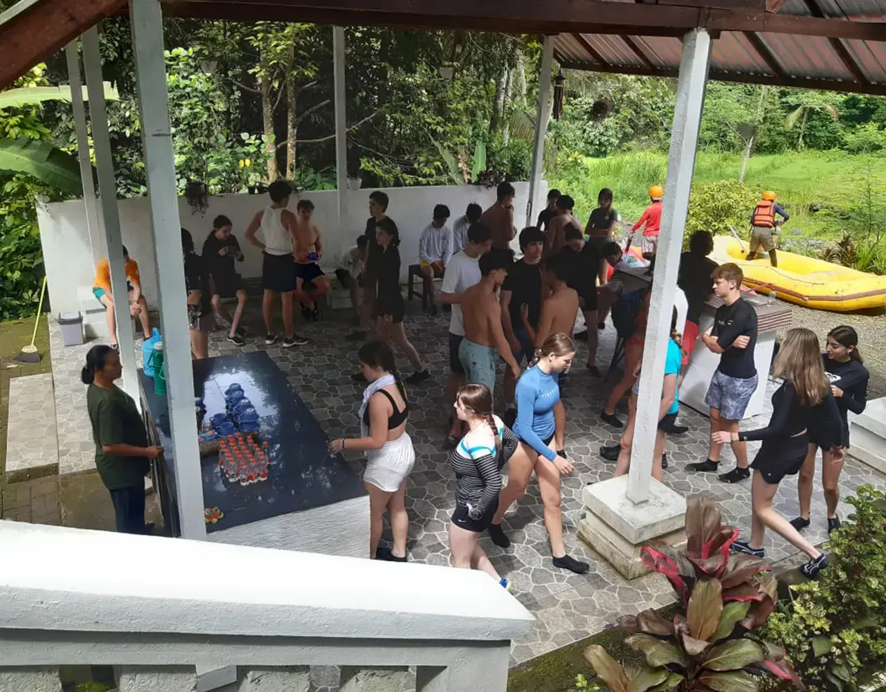 Guests gathering under the pavilion at the Telaga Waja Adventures start point before the safety briefing